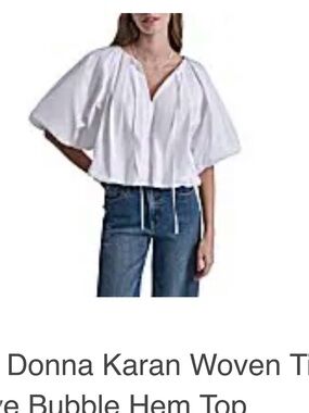 DKNY White Puff-Sleeve Tie-Neck Poplin Blouse